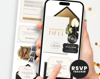 Elegant 50th Birthday Invitation for Her, Gold and White Digital Bday Invite with RSVP Guest Tracker, Editable Website Template