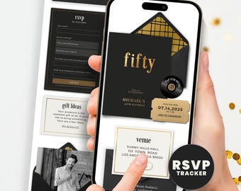 50th Birthday Invitation for Men, Black and Gold Digital Evite, Website Invite with RSVP Guest Tracker, Editable Canva Template