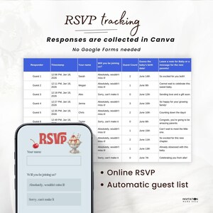 May include: A digital RSVP tracking system displayed on a smartphone and a spreadsheet. The screen shows an RSVP form with a cherry dessert graphic. The spreadsheet lists guest responses, dates, and notes. Text includes "RSVP tracking" and "Online RSVP".