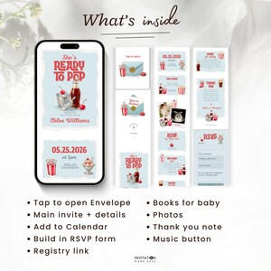 May include: A digital invitation suite with a baby shower theme. The main invitation reads "She's Ready to Pop" with a graphic of a sundae and soda. Includes RSVP, thank you, and baby book pages. Features a calendar add-on.