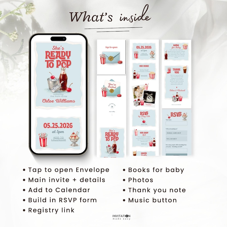 May include: A digital invitation suite with a baby shower theme. The main invitation reads "She's Ready to Pop" with a graphic of a sundae and soda. Includes RSVP, thank you, and baby book pages. Features a calendar add-on.