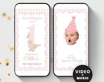 Wideo z zaproszeniem na pierwsze urodziny „One Silly Goose”, animowane cyfrowe zaproszenie na pierwsze urodziny „Little Goose”, szablon zaproszenia w stylu vintage z motywem farmy dla osób w każdym wieku