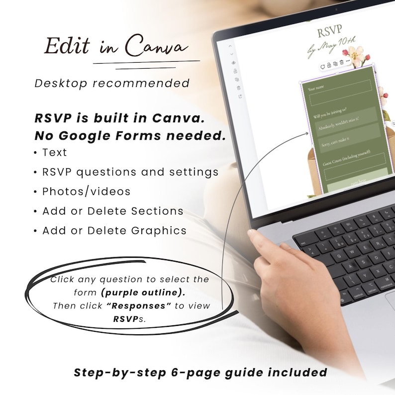 Peut inclure: Un &eacute;cran d'ordinateur portable affichant un mod&egrave;le de formulaire RSVP num&eacute;rique dans Canva avec le texte Edit in Canva, Desktop recommended, RSVP is built in Canva. No Google Forms needed, et des instructions pour s&eacute;lectionner le formulaire.