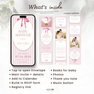 Może przedstawiać: Szablon strony internetowej z zaproszeniem na baby shower wyświetlany na smartfonie i w pionowych panelach. Projekt zawiera jasnor&oacute;żowe tło w paski, grafikę r&oacute;żowej wstążki oraz tekst, w tym Baby Shower, Chloe & John i 07.14.2026.