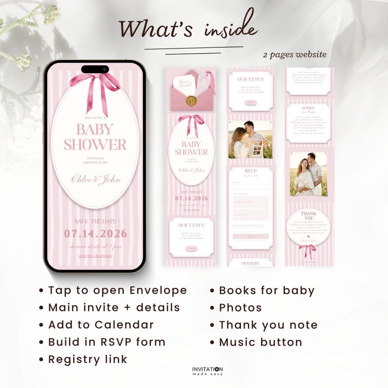 Może przedstawiać: Szablon strony internetowej z zaproszeniem na baby shower wyświetlany na smartfonie i w pionowych panelach. Projekt zawiera jasnor&oacute;żowe tło w paski, grafikę r&oacute;żowej wstążki oraz tekst, w tym Baby Shower, Chloe & John i 07.14.2026.