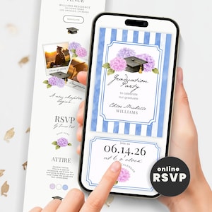 Faire-part de remise des diplômes hortensias 2026 avec confirmation en ligne, invitation de site Web à une fête de finissants florale, message texte Evite