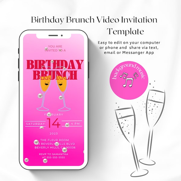 Birthday Brunch Video Invitation,  Champagne Brunch Invite, Girls Night Out Animated Invite, Gal Pals Evite Friends Brunch Editable Template