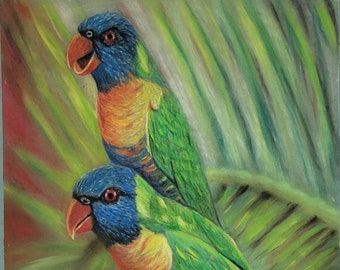 装飾的な印象派の鳥、鳩、オリジナルのソフトパステル画、紙に描かれた