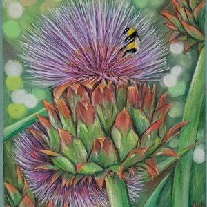 Original Biene auf Artischocke pastell, Buntstiftzeichnung