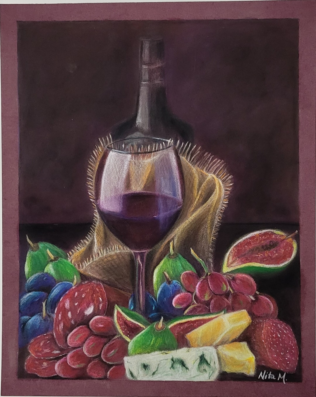 ワイン　チーズ　絵画　ヨーロッパ風景画 静物画 油彩画 ワインとチーズ 78×66 - メルカリ