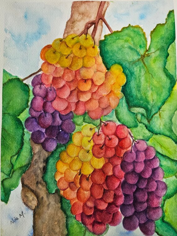 ぶどうの水彩絵 オリジナルの水彩画「ブドウの木のブドウ」9