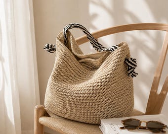 Handvävd axelväska i strå | Sommarväska i raffia | Lätt strandväska i Storbritannien | Boho vävd handväska | Rymlig vardagsväska
