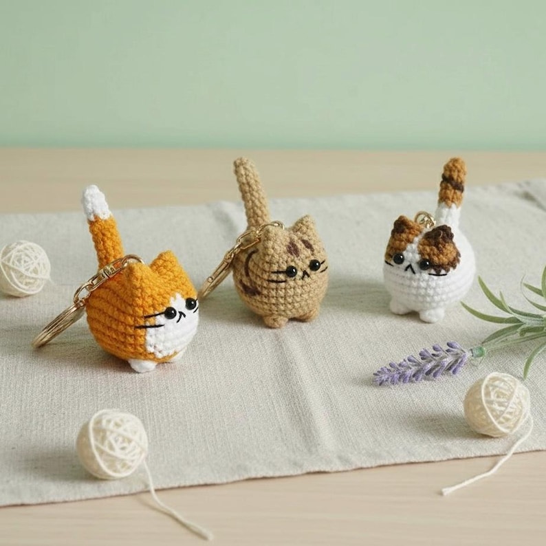Handmade Crochet Cat Keychain – Chubby Kitty Keyring, Soft Amigurumi Cat Charm, Cute Gift for Cat Lovers bild 1