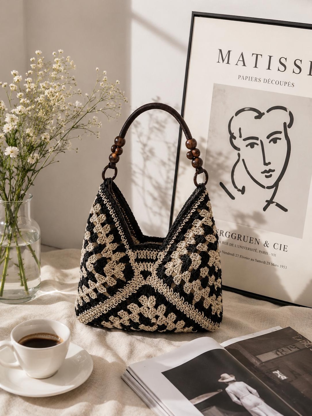 Boho Crochet Straw Bag, Handmade Woven Shoulder Bag, Raffia Tote