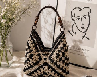 Borsa in paglia all'uncinetto stile boho, borsa a tracolla intrecciata fatta a mano, borsa tote in rafia, borsa estiva da spiaggia, borsa hobo in stile cottagecore
