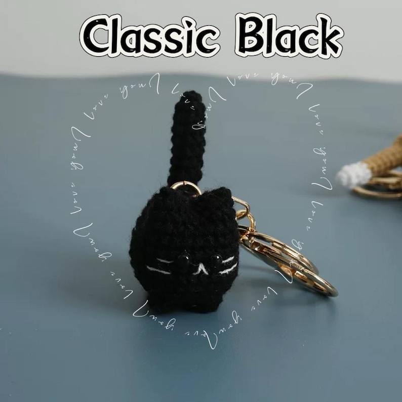 Handmade Crochet Cat Keychain – Chubby Kitty Keyring, Soft Amigurumi Cat Charm, Cute Gift for Cat Lovers classic black