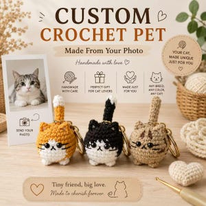 Custom Crochet Cat Keychain Made From Your Photo, Personalized Pet Keyring, Handmade Cat Lover Gift, Custom Pet Memorial Gift