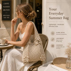 Handmade Crochet Tote Bag, Summer Knit Shoulder Bag, Floral Boho Bag, Lightweight Beach Bag, Gift for Her