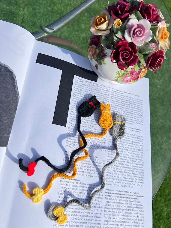 Handmade Crocheted mini Cat Bookmark - Black / Orange/Grey - Book Lover Gift/Teacher Gift/Gift for her/him