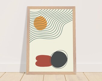 May include: Abstract art print with a yellow circle, a red and black shape, and green wavy lines on a cream background. The print is framed in a light wood frame.