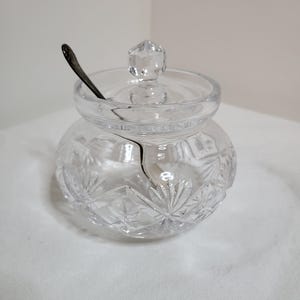 Vintage Cut Glass Jam Preserve Pot Jar with EPNS Silver Plate Lid & Spoon