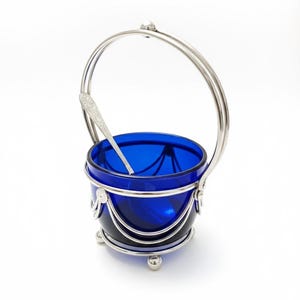 Vintage Art Deco Cobalt Jam or Sugar Pot With spoon - Chrome Plated