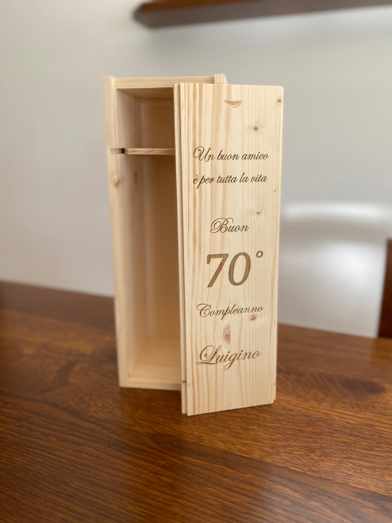 Caja de vino de madera personalizada 1 botella 36x12,5x12cm Tapa deslizante Grabado personalizado imagen 3