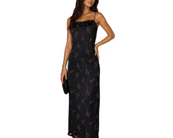 Vintage Y2K Byer Too California Black Floral Slip Dress Womens M Spaghetti Strap Midi Grunge Fairycore