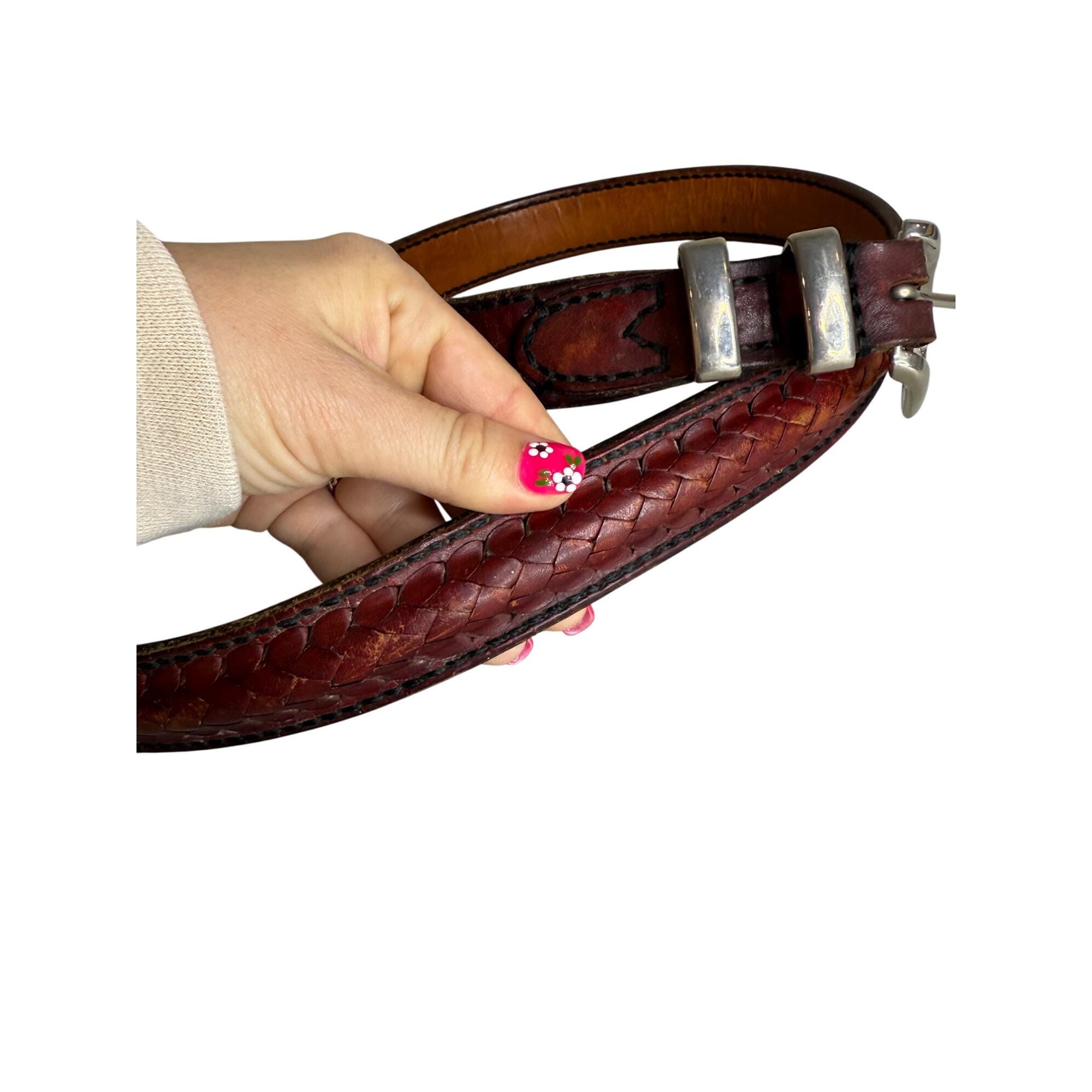 Vintage Brown Braided Leather Belt With Silver-tone Buckle 