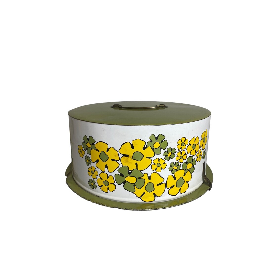 Vintage Mid Century Decoware Tin Cake Carrier Green Yellow Mod 1970s 10 ...