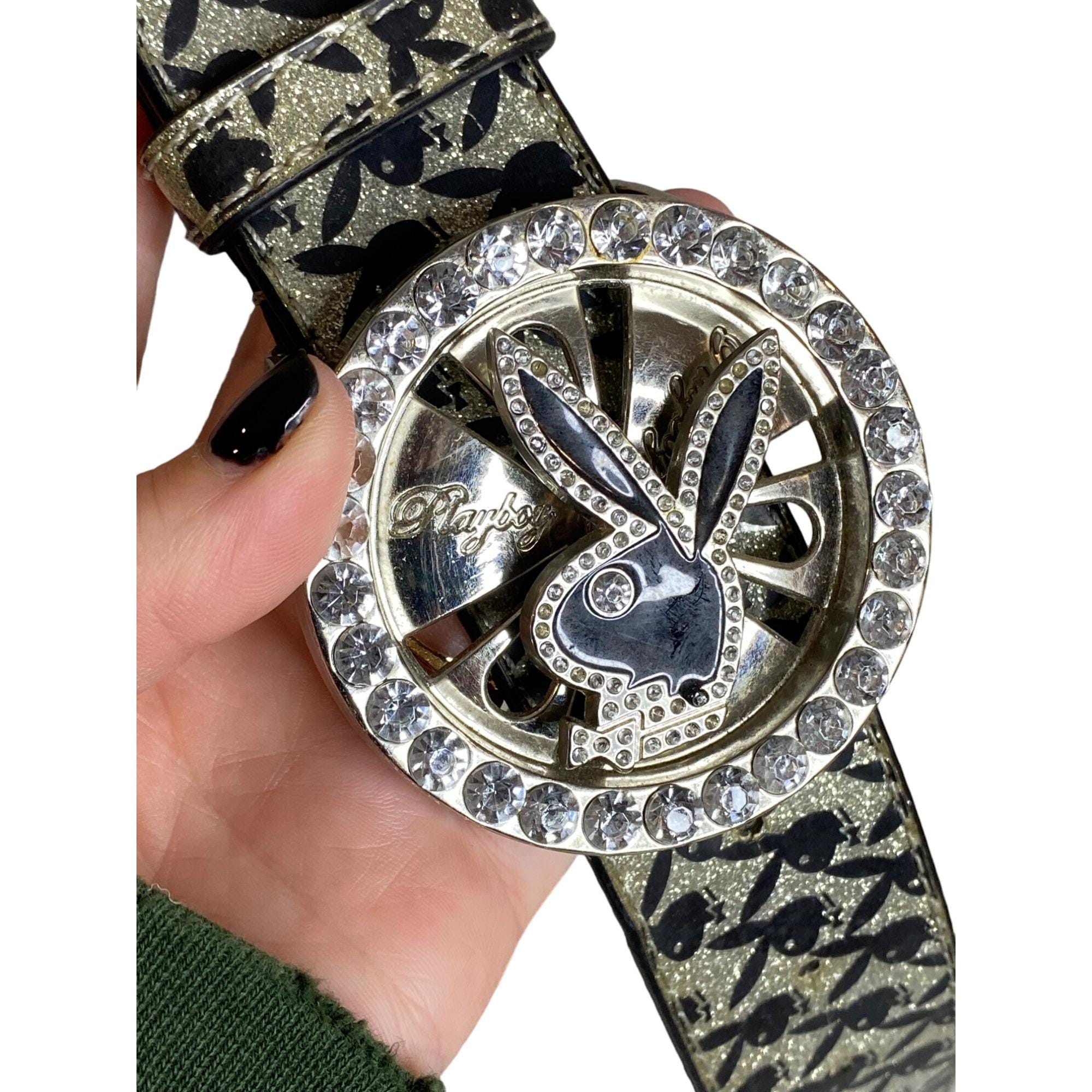 Y2K Playboy Bunny Logo Spinner Belt With Rhinestone Buckle S 