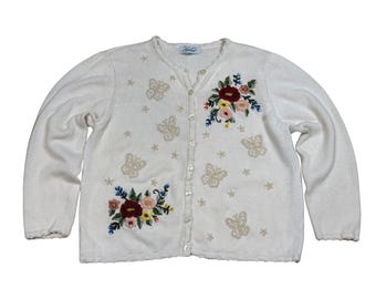 Vintage 90s Haband Ivory Embroidered Cardigan Sweater Butterfly Floral Cottagecore Grandma Knit Size Large