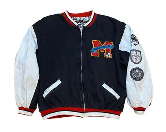 Vintage 90s Mickey Co. World Tour Varsity Jacket M Black & White Cotton International Patches