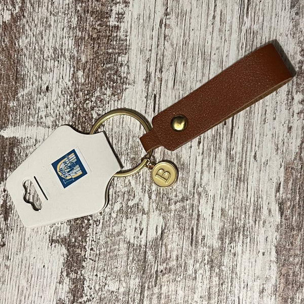 Brown leather keychain with initial charm, groomsman gift, under 5 gift, inexpensive, last minute gift, popular gift for men, men under 25