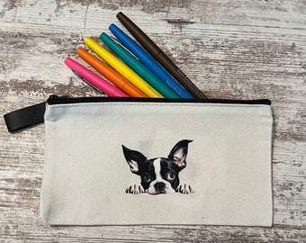 Boston terrier bag,  8x4 makeup bag, puppy canvas pencil pouch, dog lover gift, booktok gift, eye class case, inexpensive gift, custom made