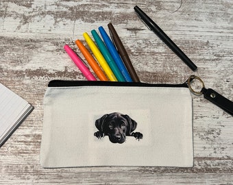 Black lab puppy clutch bag, gift, 8x4 makeup bag, canvas pencil pouch, zipper bag, dog lover gift, booktok gift, eye class case, custom made