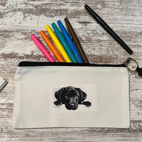 Black lab puppy clutch bag, gift, 8x4 makeup bag, canvas pencil pouch, zipper bag, dog lover gift, booktok gift, eye class case, custom made