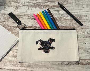 Doberman gift,  8x4 makeup bag, canvas pencil pouch, zipper bag, dog lover gift, booktok gift, eye class case, inexpensive gift, custom made