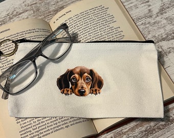 Dachshund bag,  8x4 makeup bag, wennier dog canvas pencil pouch, dog lover gift, booktok gift, eye class case, inexpensive gift, custom made