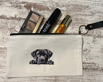 Bull mastiff puppy pouch,  makeup bag canvas pencil pouch, puppy dog lover gift, booktok gift, eye class case, inexpensive gift, custom made