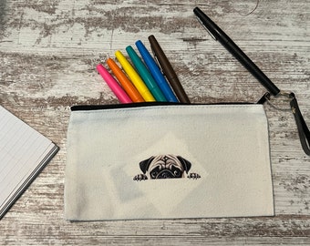 Pug puppy zipper bag,  8x4 makeup bag canvas pencil pouch, puppy dog lover gift, booktok gift, eye class case, inexpensive gift, custom made