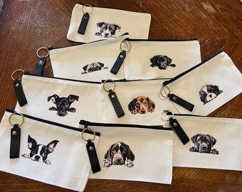 Puppy makeup zipper bag,  100% cotton canvas pencil pouch, puppy dog lover gift, booktok gift, eye class case, inexpensive gift, custom made
