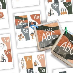 Könnte beinhalten: Ein Satz bunter Alphabet-Flashcards mit Illustrationen zum katholischen Gottesdienst. Jede Karte zeigt einen Buchstaben des Alphabets, ein dazugehöriges Bild und ein Wort, das das Bild beschreibt. Die Wörter umfassen "Altar", "Glocken", "Kelch", "Kniebeugung", "Messe", "Geburt Christi", "Öle", "Osterkerze", "Ruhe", und mehr.