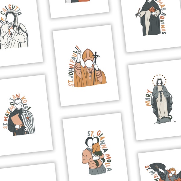 30 Saint Illustrations - DIGITAL DOWNLOAD - Printable PDF - Catholic Saints - 8.5x11 and 4x6 Prints - Catholic Prints