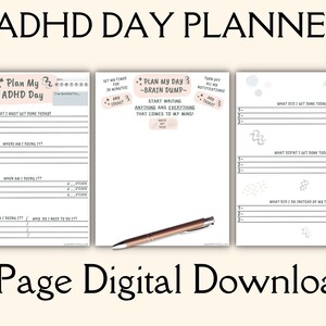 Op de afbeelding: Een driedelige printbare planner ontworpen voor mensen met ADHD. De planner bevat secties voor "Plan My Day - Brain Dump", "What I Must Get Done Today", "Where Am I Doing It?", "When Am I Doing It?", "With or For Who Am I Doing It?", "Why Do I Need To Do It?", "What Did I Get Done Today?", "What Didn't I Get Done Today?", and "What Did I Do Instead of My Tasks?"