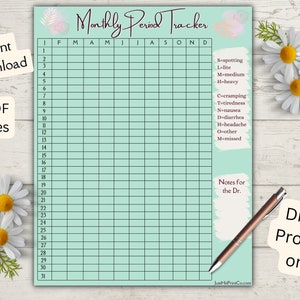 May include: A printable monthly period tracker with a light blue background and a floral design. The tracker includes a calendar grid with days of the month and columns for each month of the year. There is a section for notes for the doctor and a list of symptoms to track.