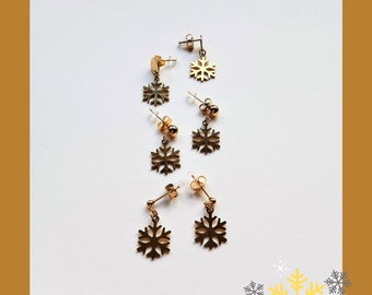 hanging snowflake earrings, stainless steel gold-plated, 3 different ear studs to choose from, minimalist, statement