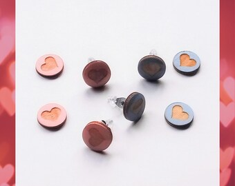 wooden heart earstuds, pink or grey, stainless steel, silver plated backside, Valentines day jewellery, minimalist, statement