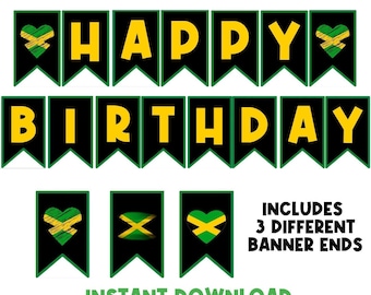PRINTABLE Birthday Banner | Jamaica | Happy Birthday | Party Decor | Jamaican | Green Black Yellow | Caribbean | Rasta | Island | Party