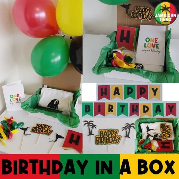 BIRTHDAY in a BOX: Birthday Banner | Island | Jamaican Birthday | Africa | Irie | Happy Birthday | Red | Green | Yellow | T-Shirt | Balloons